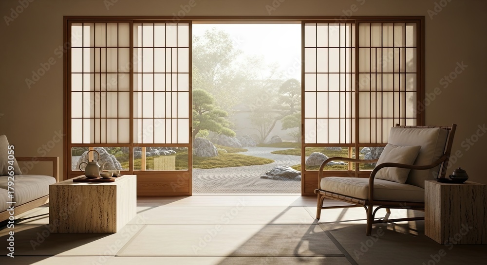 Naklejka premium Serene Japanese Living Room Opens To Tranquil Garden