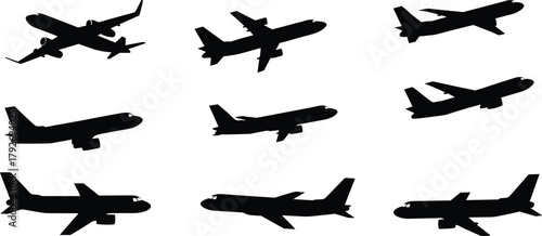Airplane silhouette set, aircraft icons, aviation design, flying planes, commercial jets, black vector, transportation, travel, flight, graphic art