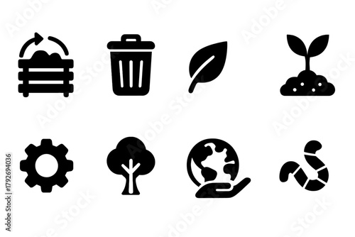 Environment and sustainability solid icon set. Eco, recycling, nature, conservation icons