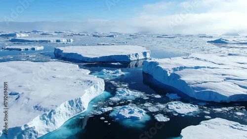 Icebergs floating in a cold and icy ocean environment