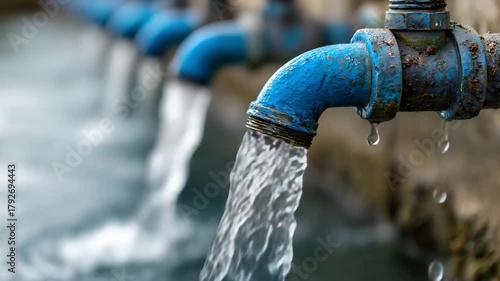 Clean water flowing from industrial blue pipes in a treatment plant, 4k video