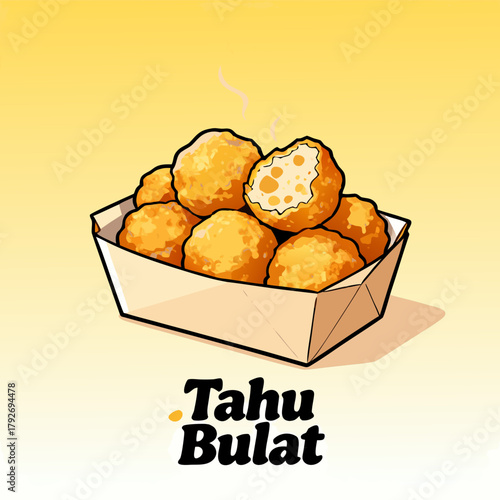 A simple tahu bulat vector illustration of hot crispy deep-fried tofu balls, a popular Asian street food snack served in a paper tray