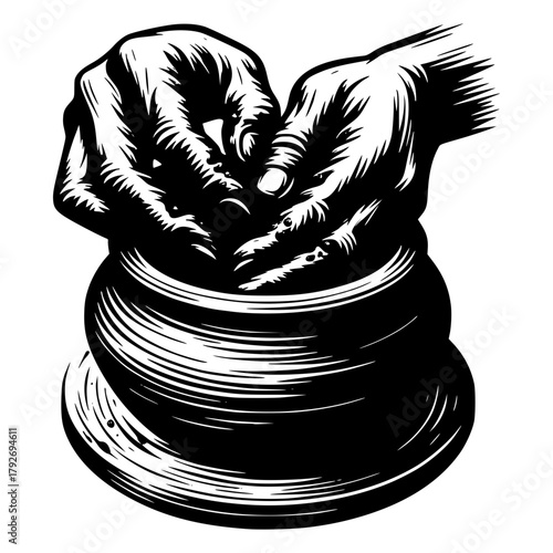 Hands of a Potter creating a mud vessel vector image illustration