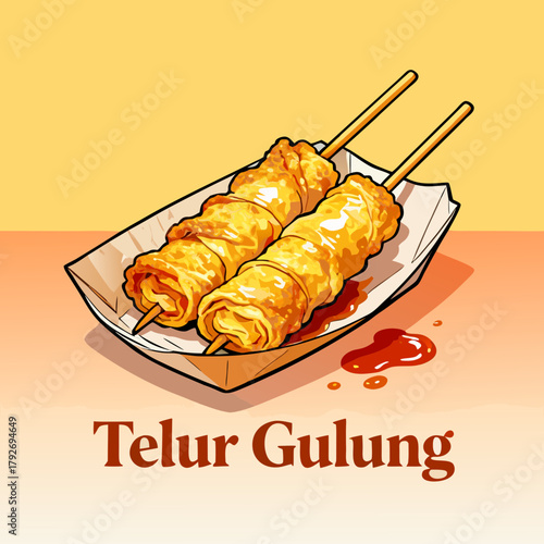 Telur gulung, A delicious serving of Indonesian rolled egg omelette skewers, a popular street food snack with sauce, depicted in a vibrant cartoon illustration
