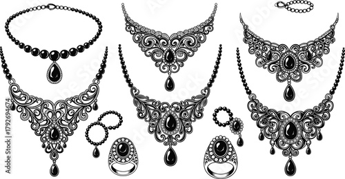 Jewelry, silhouette, necklace, earrings, rings, bracelet, ornate, vintage, fashion, accessory, black, elegant, design, gemstone, luxury, illustration, decorative, stylish, feminine, collection