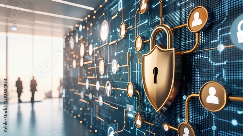 Identity and Access Management (IAM) Network Security Concept. Digital Padlock on Abstract Circuit Board with User Icons.
