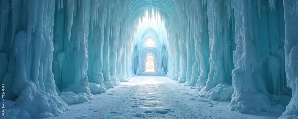 Fototapeta premium Frozen castle tunnel with icy walls. Winter wonderland palace corridor with crystal decorations. Blue ice background with magical frozen architecture. Fantasy hallway with light at end. Interior