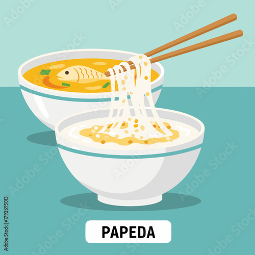 An illustration of traditional papeda, Indonesian cuisine from Papua, featuring a bowl of sticky sago porridge served with a savory yellow fish soup