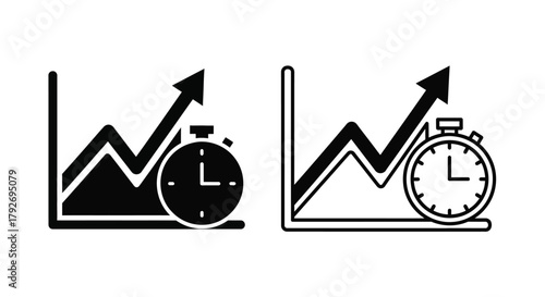 Growth charts with clocks representing time management and successful progress