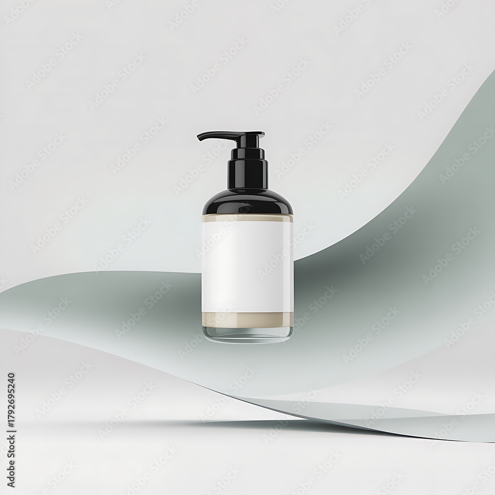 Obraz premium Clear glass bottle with black pump dispenser and blank white label on a light grey background with flowing grey paper