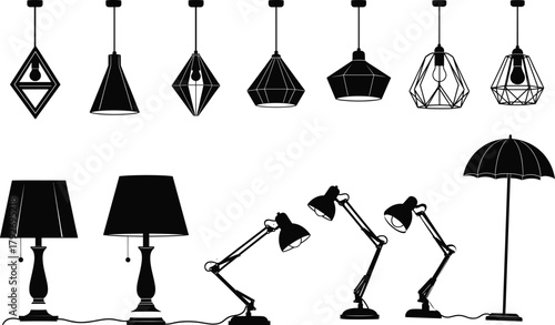 Lamp silhouette icons, hanging pendant lights, desk lamps, table lamps, floor lamp, interior lighting, black figures, home decor, design set
