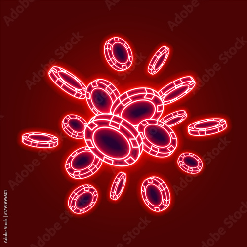 Neon poker chips on dark background. Bright glowing chips for casino and poker. Vector illustration.