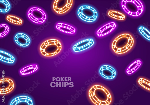 Neon poker chips on dark background. Bright glowing chips for casino and poker. Vector illustration.
