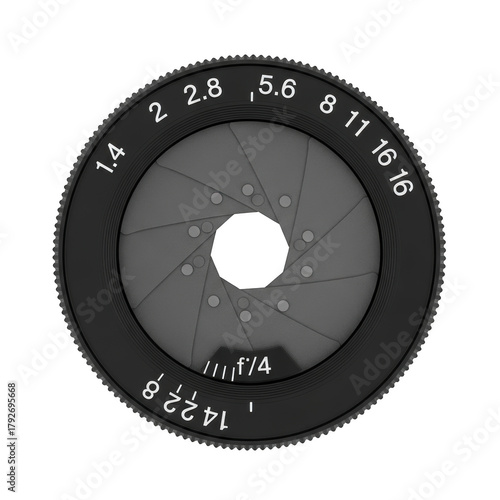 Close-up of a Camera Aperture with F- Stop Numbers and Blades Keywords: aperture, blades, camera, camera lens, circle, circular