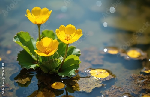 Yellow marsh marigold flowers float on water surface. Green leaves grow in shallow pond. Bright petals reflect in blue water. Wild plant blooms in spring.