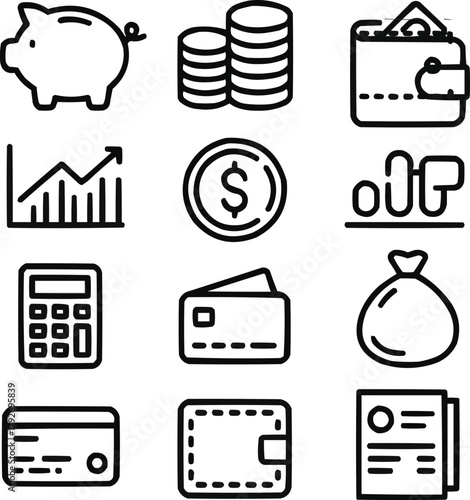 Finance Outline Icons Coins, Piggy Bank, and Growth Charts