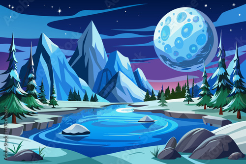 Icy lake reflecting bright moon and distant snowy trees in deep night wallpaper background