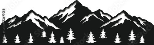 Beautiful mountain landscape with pine trees, snow peaks, forest silhouette, natural scenery, wilderness background, outdoor adventure, nature illustration, scenic view