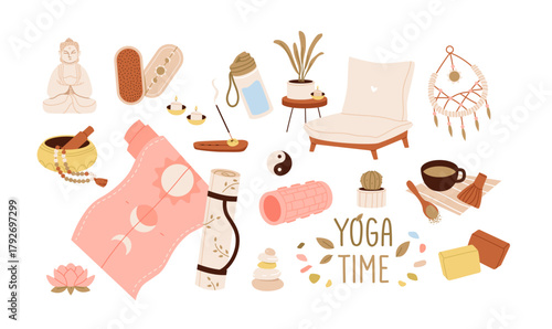 Yoga and Meditation Lifestyle Elements Flat Set. Flat vector illustration of yoga and mindfulness essentials including mats, incense, tea, Buddha, and decor for peaceful wellness living.