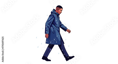 Man in blue raincoat walking confidently forward.