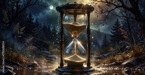 magical hourglass in a misty forest with dramatic lighting and water droplets, time concept.