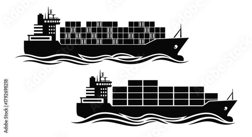 Black silhouette of a large container ship sailing on wavy water