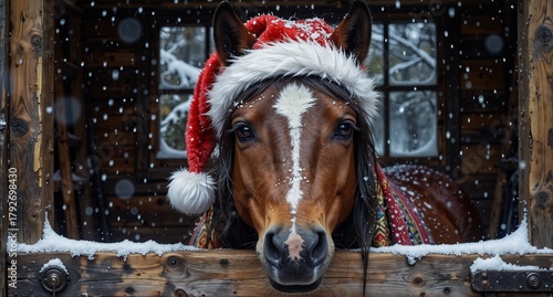 festive brown horse wearing a santa hat peeking from a snowy stable during winter.