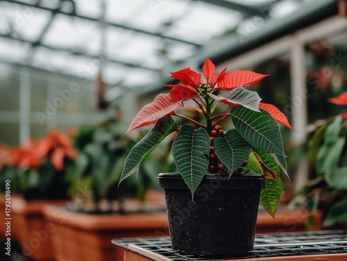 Bright Poinsettia Plant with Red Leaves in Greenhouse Setting