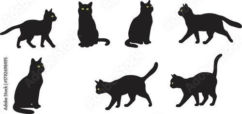 Black cat silhouette illustration, yellow eyes detail, feline poses collection, walking and sitting cats, white background, pet design, animal artwork