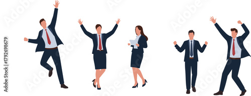 Business team illustration, professional attire, corporate success, teamwork celebration, office people, formal clothing, vector art, leadership, graphic, workplace
