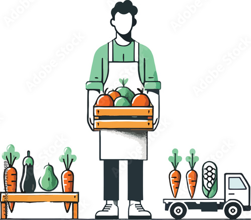 Farmer holding crate of fruit with vegetables on display and truck