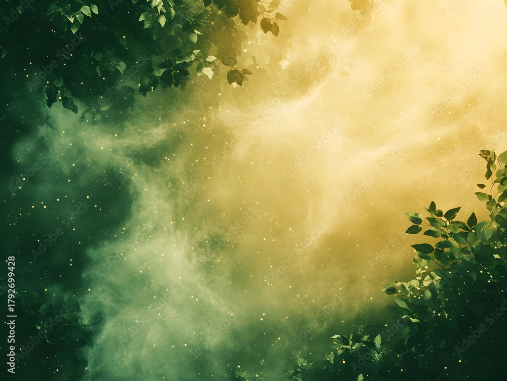 Obraz premium painting landscape of night forest with trees and fog in green and yellow tones, featuring vibrant hues and light effects, creating a dreamy and surreal atmosphere and visual fluorescent effect