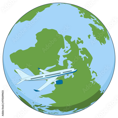 Flat Design Commercial Airplane Flying Over Earth Globe Geography