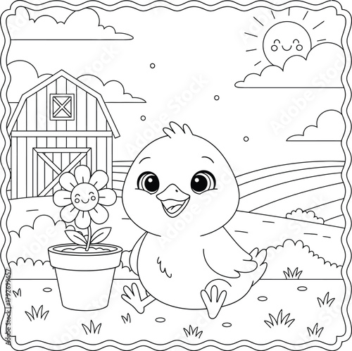 Cute baby chick with flower pot on farm coloring page – adorable springtime cartoon bird line art for kids and preschool coloring books