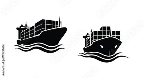 Silhouettes of cargo ships sailing on dark water a graphic illustration
