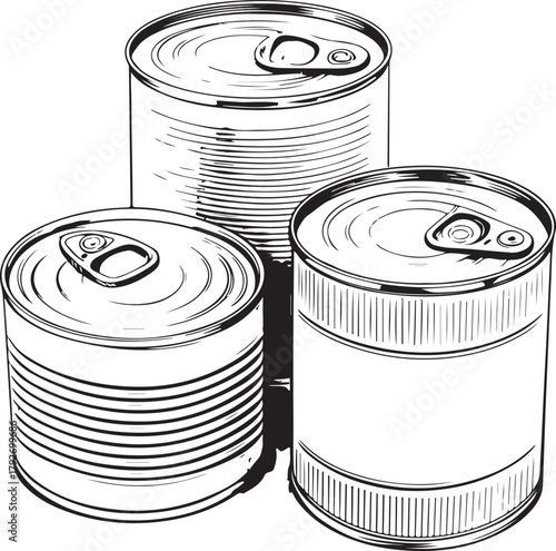 Cans, Canned Food, Disaster Relief Supplies Emergency Essentials Hand-drawn Sketch Drawing Vector Illustration, Line Linear Symbol Engraving Coloring Book, Black and White Isolated