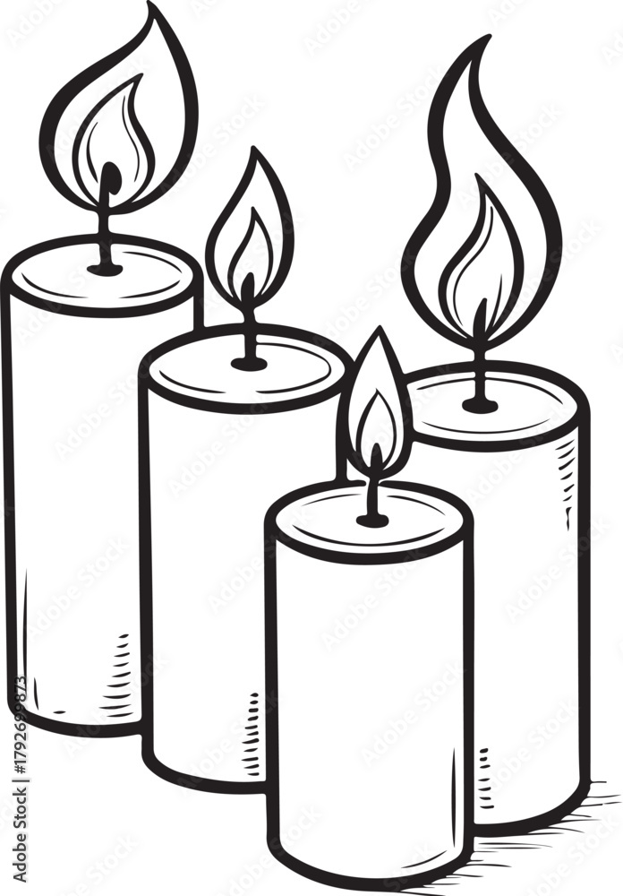 Obraz premium Lit Candles Hand-drawn Sketch Drawing Vector Illustration, Line Linear Symbol Engraving Coloring Book, Black and White Isolated