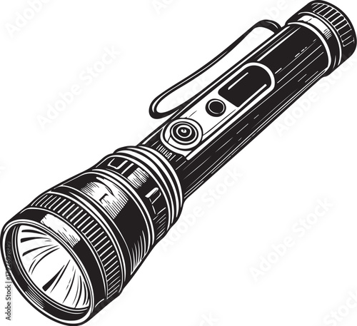 Flashlight Torch Disaster Relief Supplies Emergency Essentials Hand-drawn Sketch Drawing Vector Illustration, Line Linear Symbol Engraving Coloring Book, Black and White Isolated