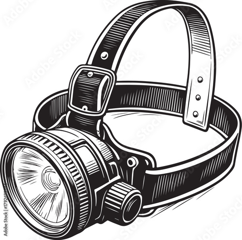 Headlamp, Disaster Relief Supplies Emergency Essentials Hand-drawn Sketch Drawing Vector Illustration, Line Linear Symbol Engraving Coloring Book, Black and White Isolated
