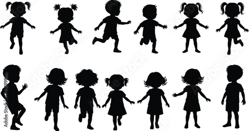 Children silhouette illustration, walking and running poses, black and white, hairstyle variety, movement study, kids activity, educational design