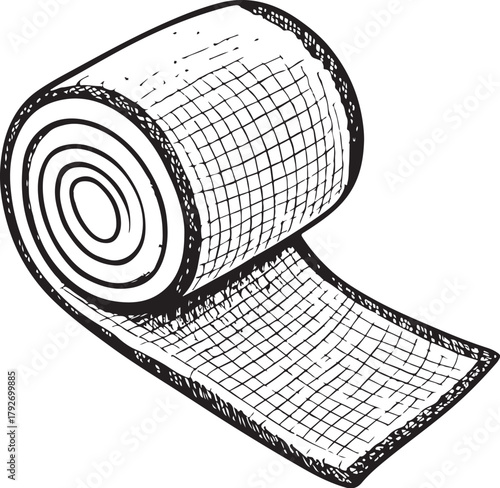Gauze roll, Disaster Relief Supplies Emergency Essentials Hand-drawn Sketch Drawing Vector Illustration, Line Linear Symbol Engraving Coloring Book, Black and White Isolated
