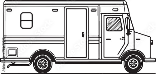 Humanitarian relief truck, Disaster Relief Supplies Emergency Essentials Hand-drawn Sketch Drawing Vector Illustration, Line Linear Symbol Engraving Coloring Book, Black and White Isolated