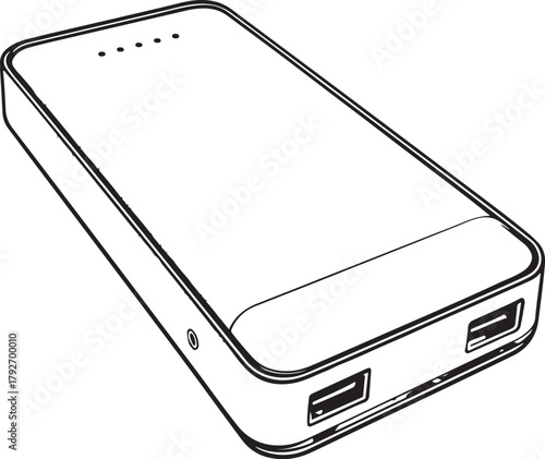 Power bank, Disaster Relief Supplies Emergency Essentials Hand-drawn Sketch Drawing Vector Illustration, Line Linear Symbol Engraving Coloring Book, Black and White Isolated