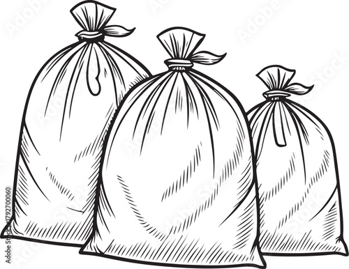 Bags of Trash, Garbage Waste, Hand-drawn Sketch Drawing Vector Illustration, Line Linear Symbol Engraving Coloring Book, Black and White Isolated