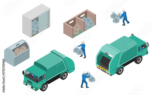 アイソメトリックイラスト：ゴミ収集車とゴミ捨て場のセット