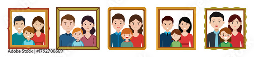 Collection of simple cartoon family portraits in frames