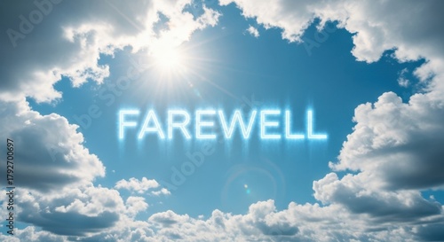 Glowing farewell text appears in a heavenly cloud formation
