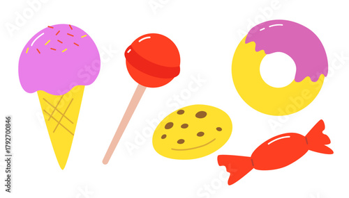 Sweet desserts collection with ice cream, lollipop, cookies and candy. Cute hand-drawn vector illustration of sugary treats.