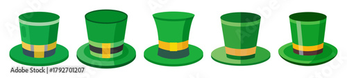 Set of five green top hats with orange bands