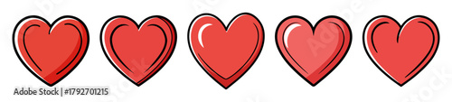 Five glossy red hearts in a row simple graphic design